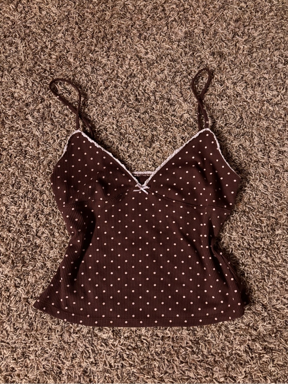 Pink Rose Brown Polka Dot Lace-Trim Cami